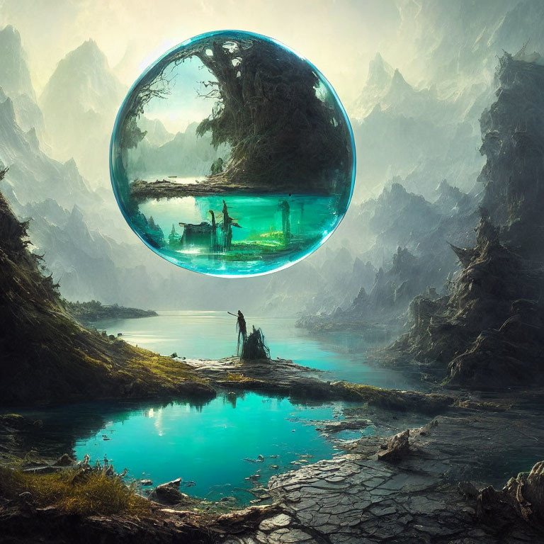 Fantasy landscape with floating spherical portal above turquoise lake surrounded by mountains & ruins