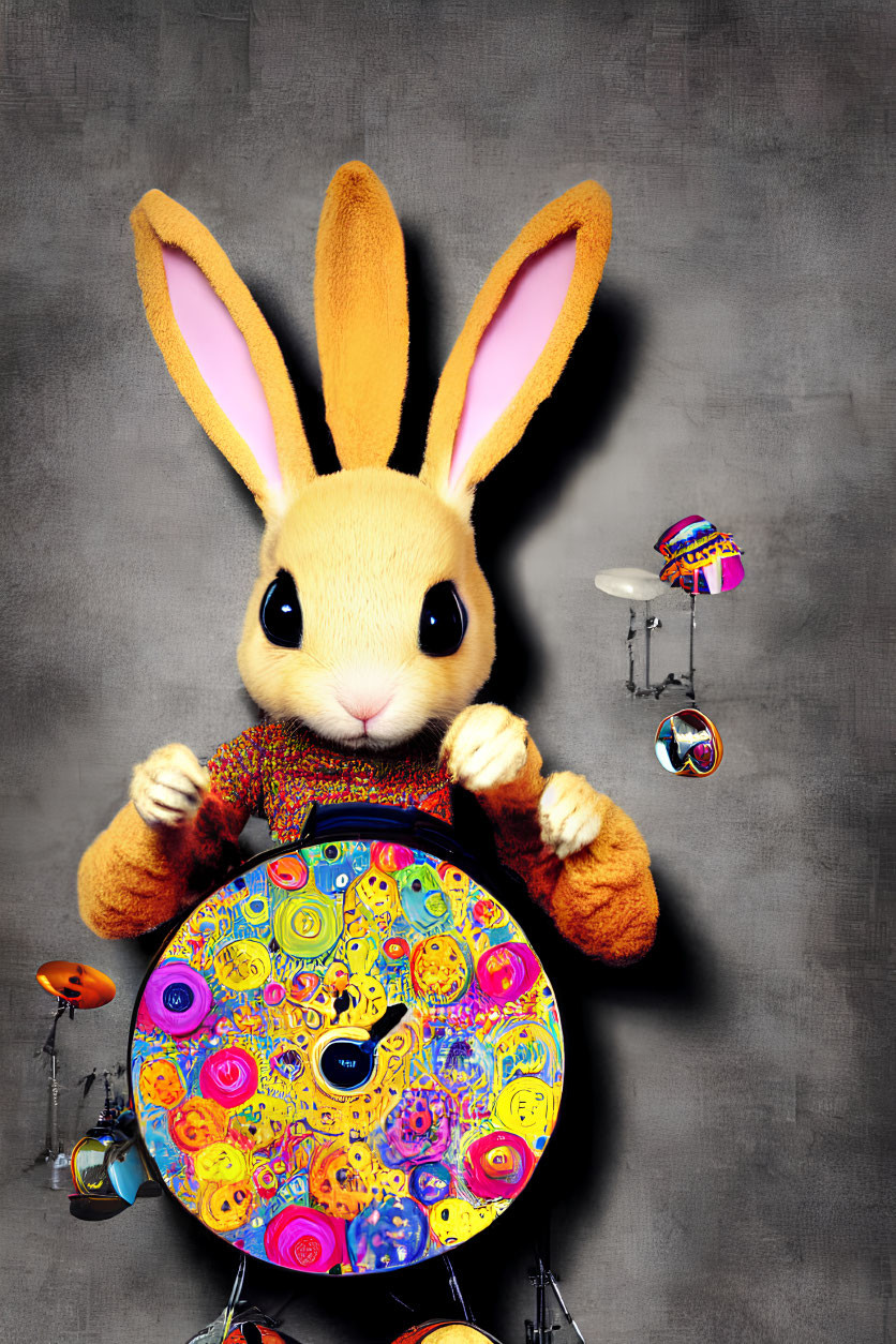 Anthropomorphic bunny playing colorful drum set on grey background