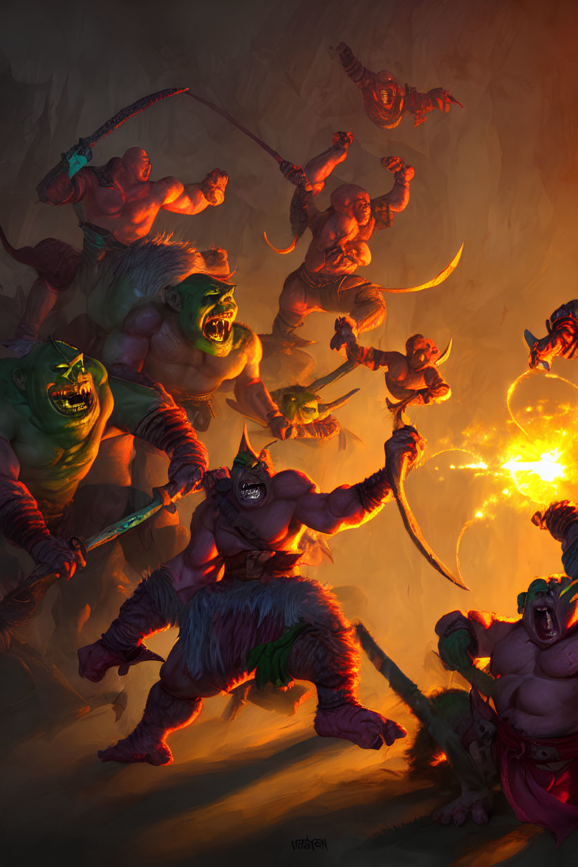 Fantasy battle scene with fierce orcs wielding weapons and casting fireball in fiery setting