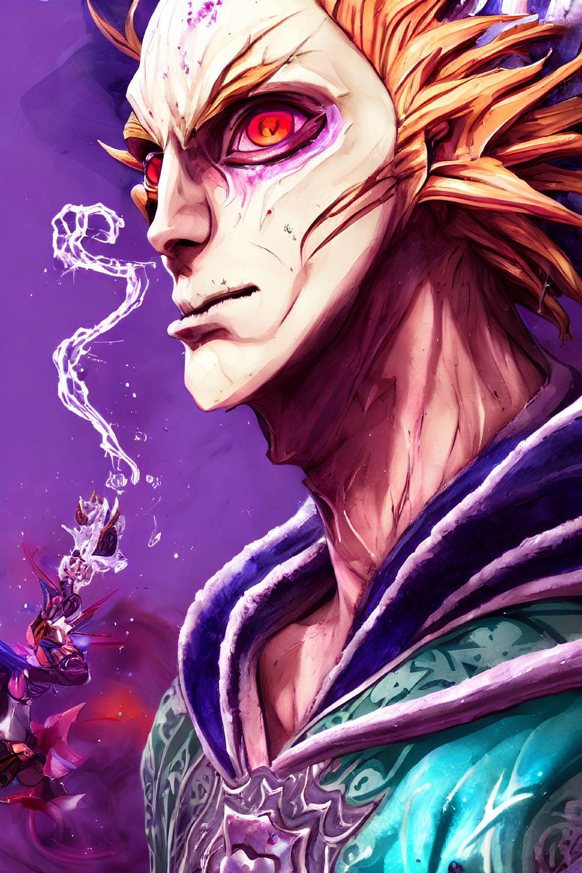 Detailed Illustration of Character with Spiky Blond Hair, Scar, and Glowing Purple Eye in