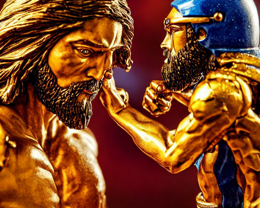 Detailed figurines facing off: one with a beard and long hair, the other with a blue helmet