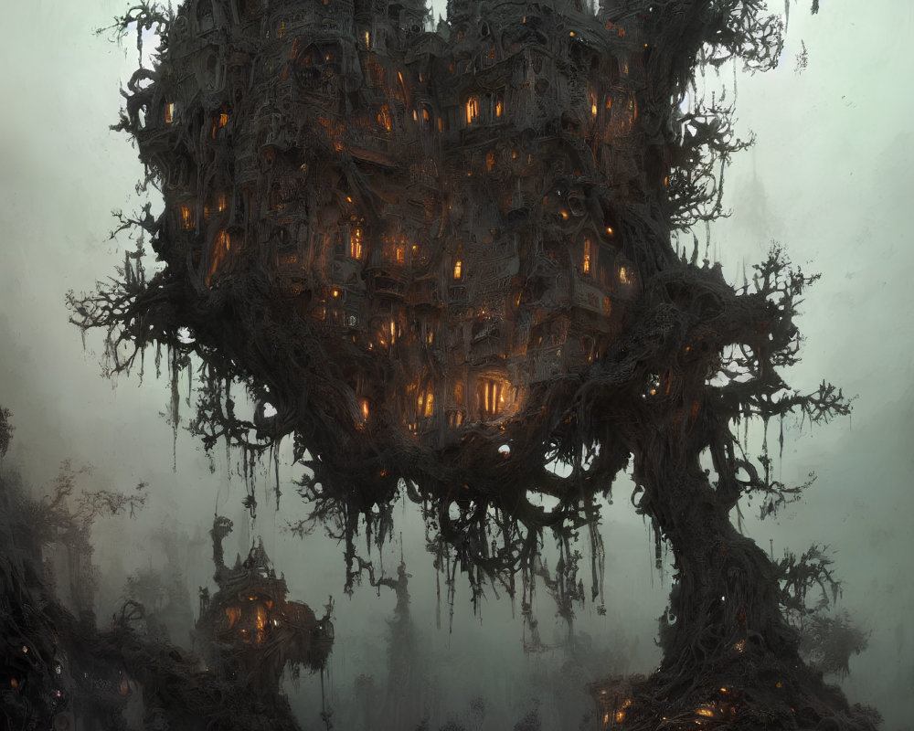 Eerie gothic castle on ancient tree with glowing windows