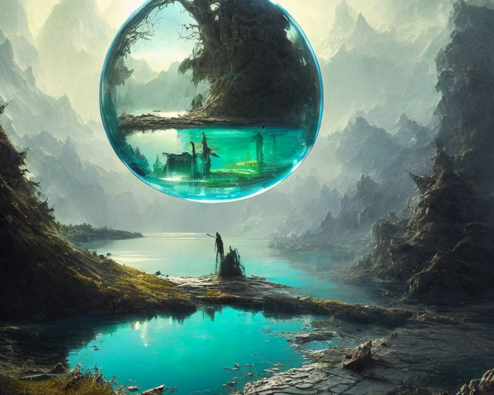 Fantasy landscape with floating spherical portal above turquoise lake surrounded by mountains & ruins