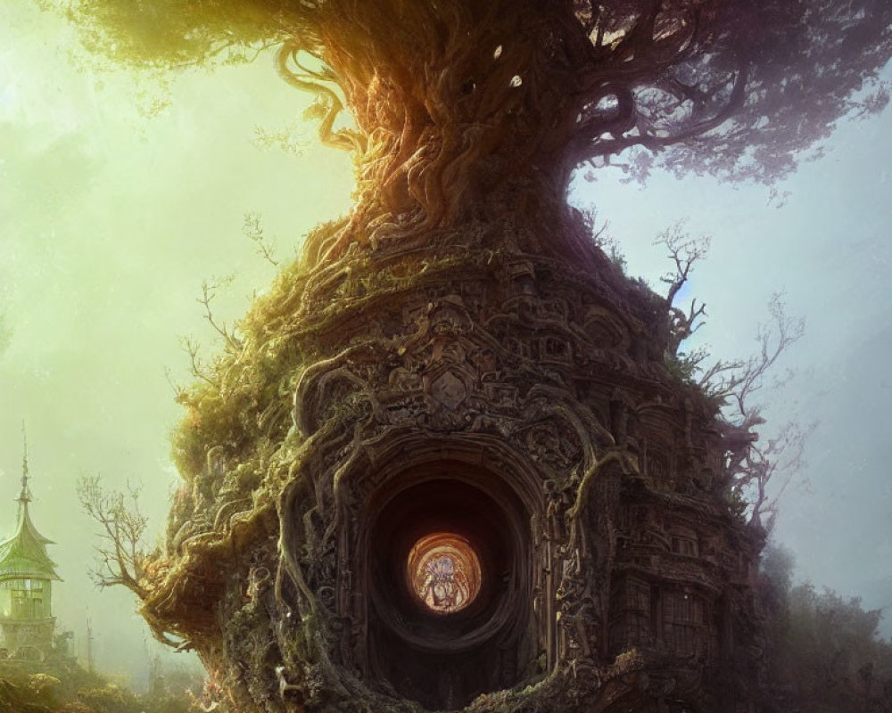 Giant ancient tree with intricate structures and glowing entrance in mystical setting