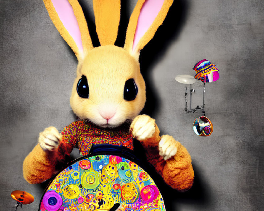 Anthropomorphic bunny playing colorful drum set on grey background