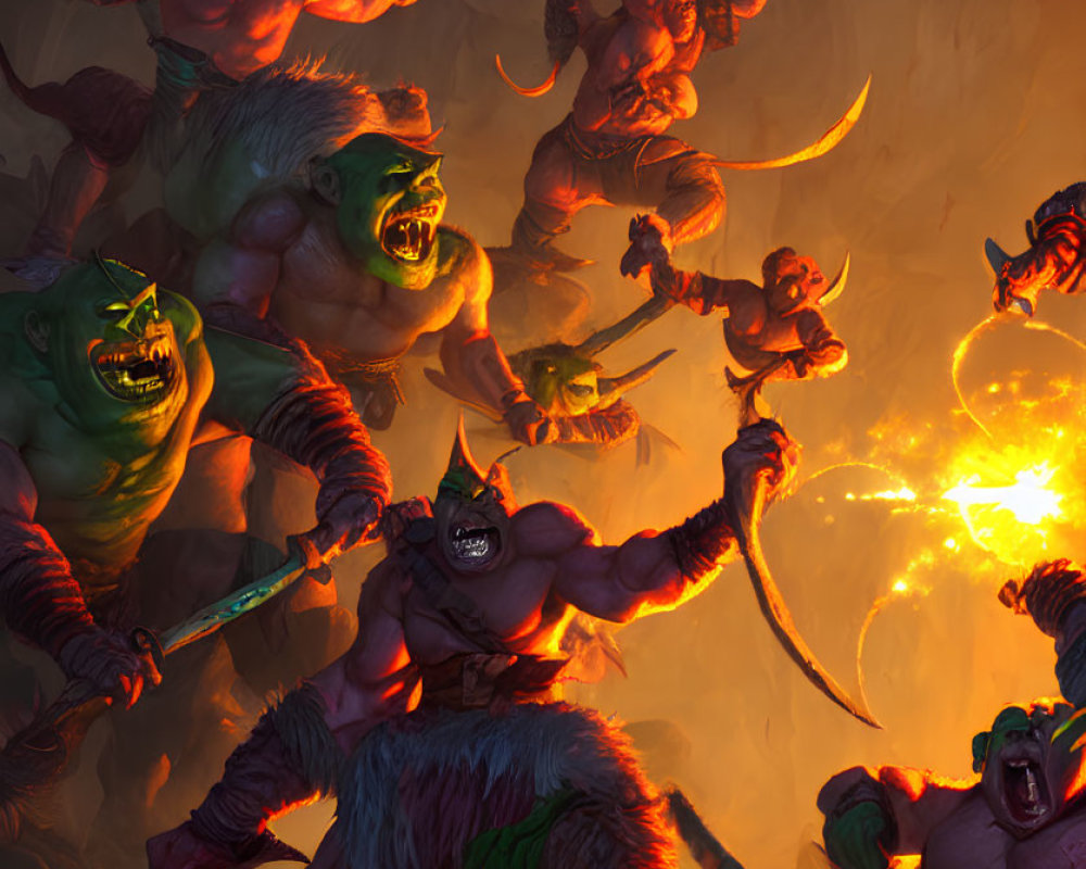 Fantasy battle scene with fierce orcs wielding weapons and casting fireball in fiery setting