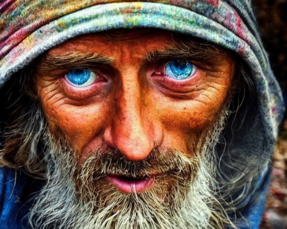 Close-Up Portrait of Man with Blue Eyes and Grizzled Beard wearing Striped Headwrap