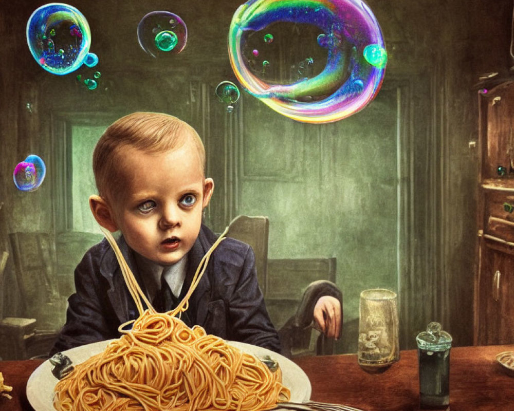 Young child in formal attire with spaghetti and soap bubbles in vintage room