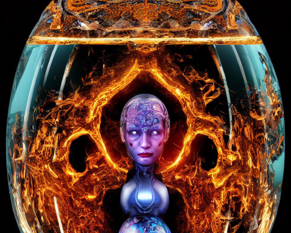 Surreal digital artwork of figure with intricate head pattern in fiery orange and cool blue sphere