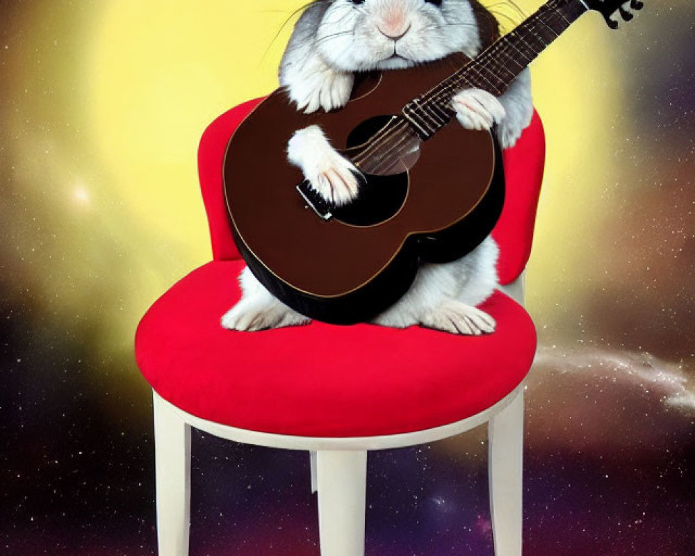 Cartoon Rabbit Playing Guitar on Red Chair in Colorful Space Scene