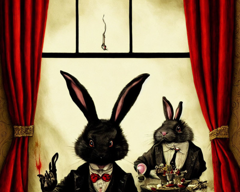 Anthropomorphic rabbits in formal attire at table with insect above