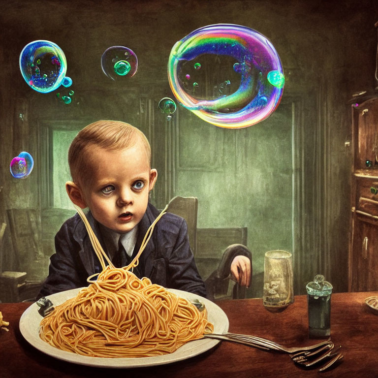 Young child in formal attire with spaghetti and soap bubbles in vintage room