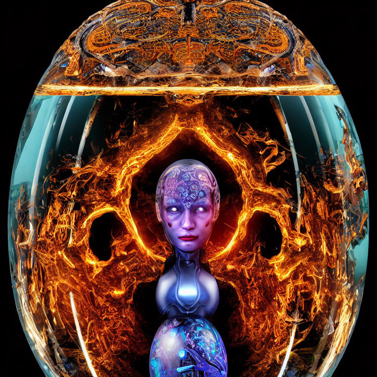 Surreal digital artwork of figure with intricate head pattern in fiery orange and cool blue sphere