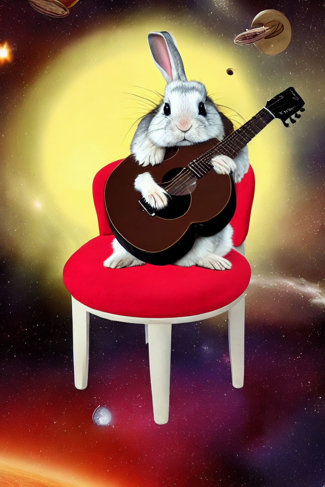 Cartoon Rabbit Playing Guitar on Red Chair in Colorful Space Scene