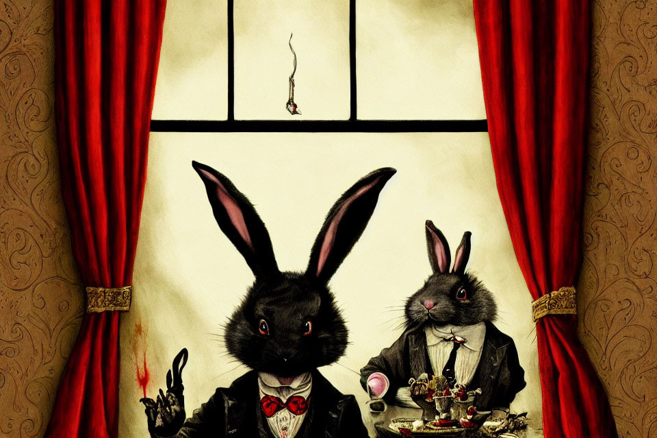 Anthropomorphic rabbits in formal attire at table with insect above