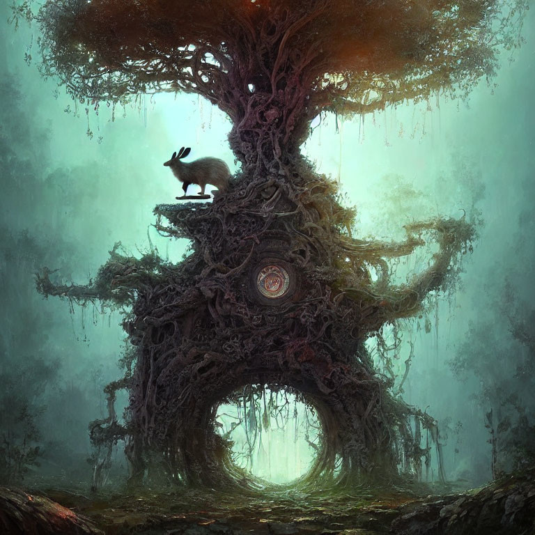 Twisted roots and eerie glow in mystical forest scene