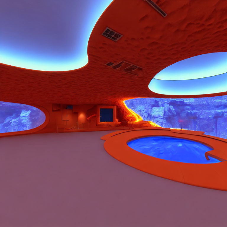 Futuristic interior with orange walls, blue lighting, central pool in rock setting