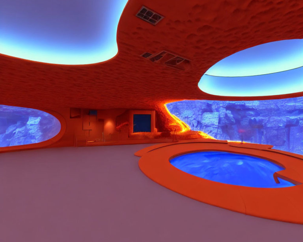 Futuristic interior with orange walls, blue lighting, central pool in rock setting