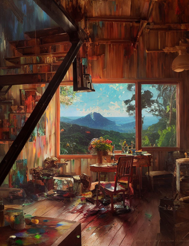 Attic studio with mountain view, vibrant paintings, messy paint-filled table