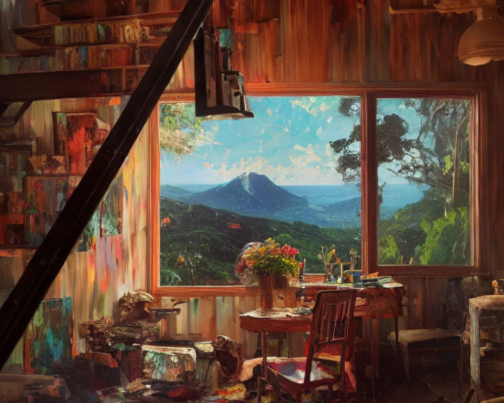 Attic studio with mountain view, vibrant paintings, messy paint-filled table