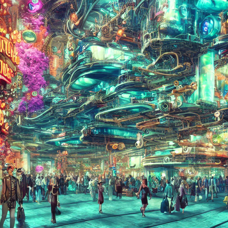 Vibrant futuristic cityscape with layered traffic and neon signs