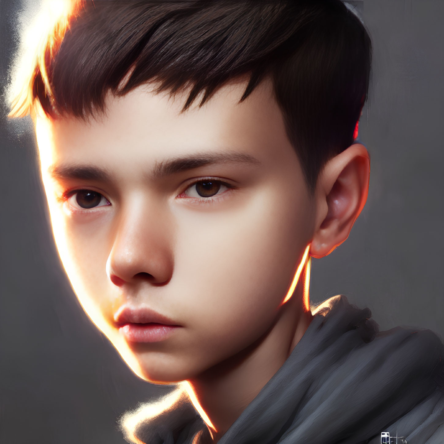 Young boy with intense eyes and glowing orange lines on dark background