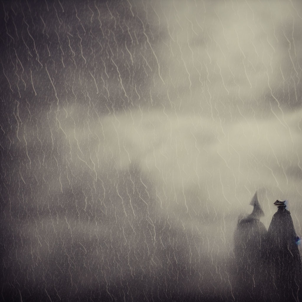 Person under umbrella in heavy rainstorm under stormy sky