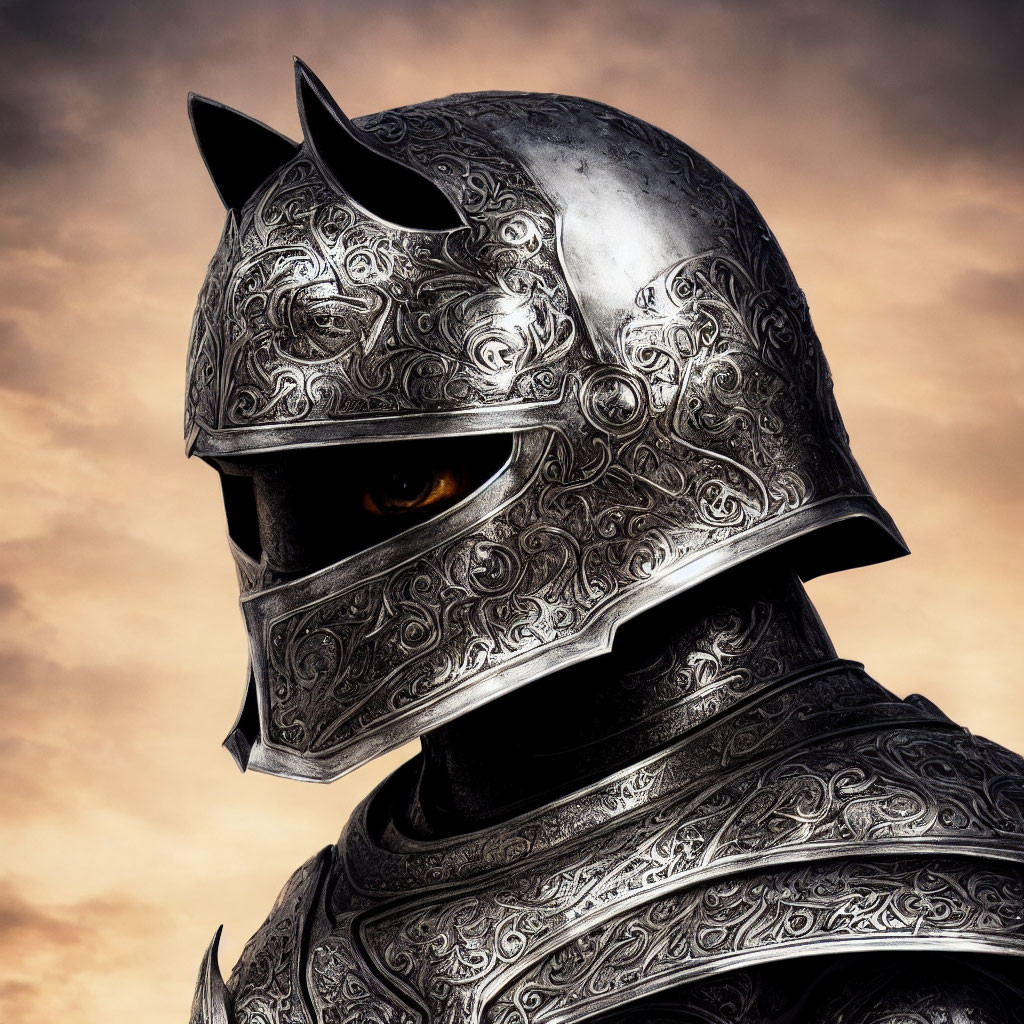 Detailed Medieval Helmet with Glowing Eye Against Moody Sky