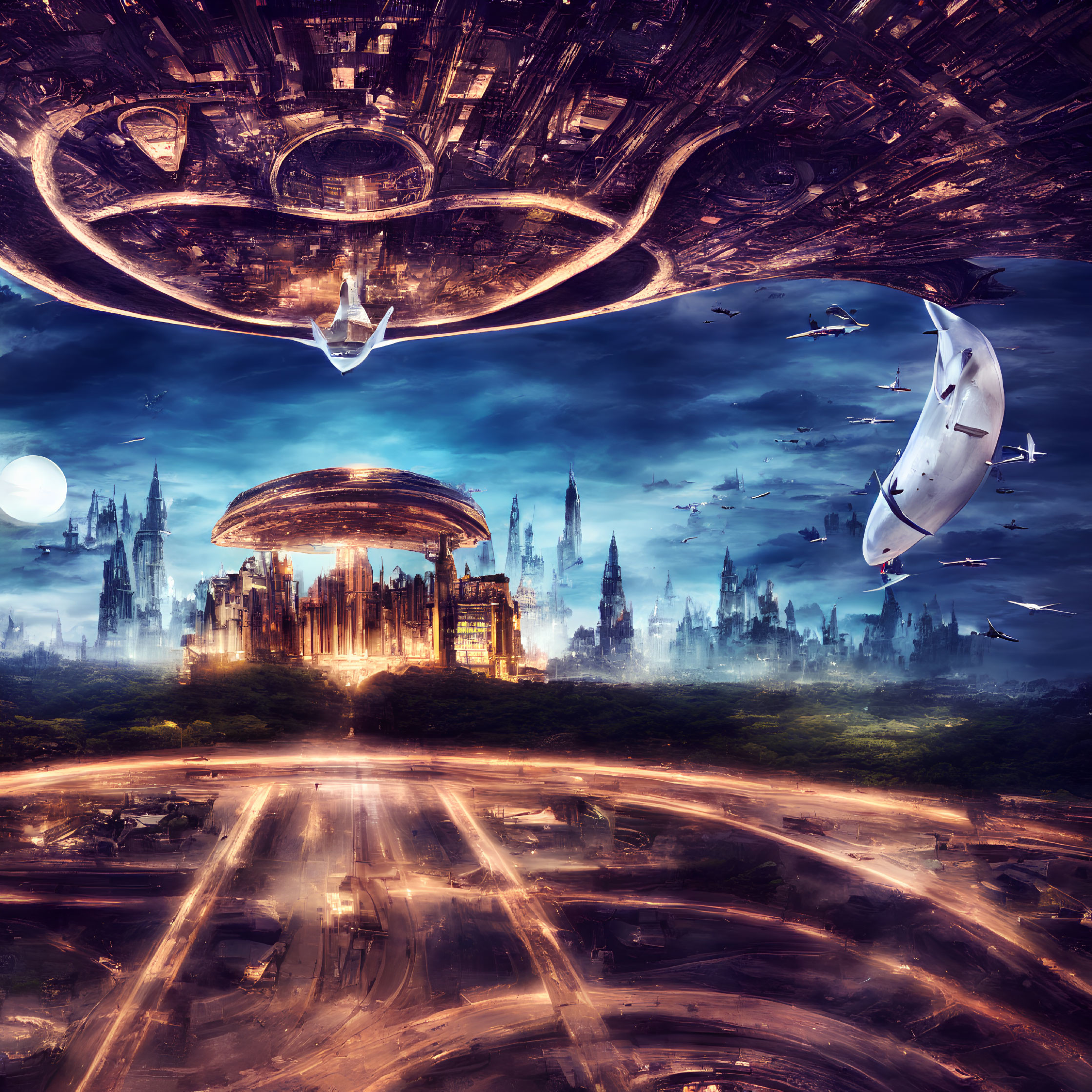 Futuristic sci-fi cityscape with flying vehicles and colossal ring structure