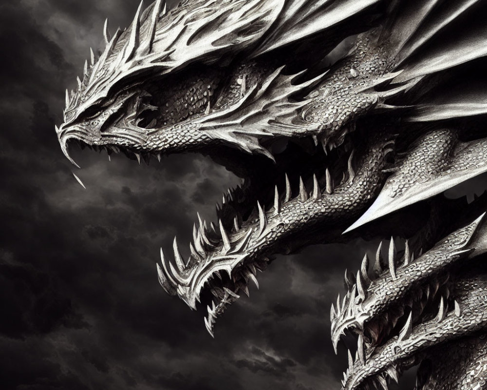 Detailed close-up of multi-headed dragon under stormy sky