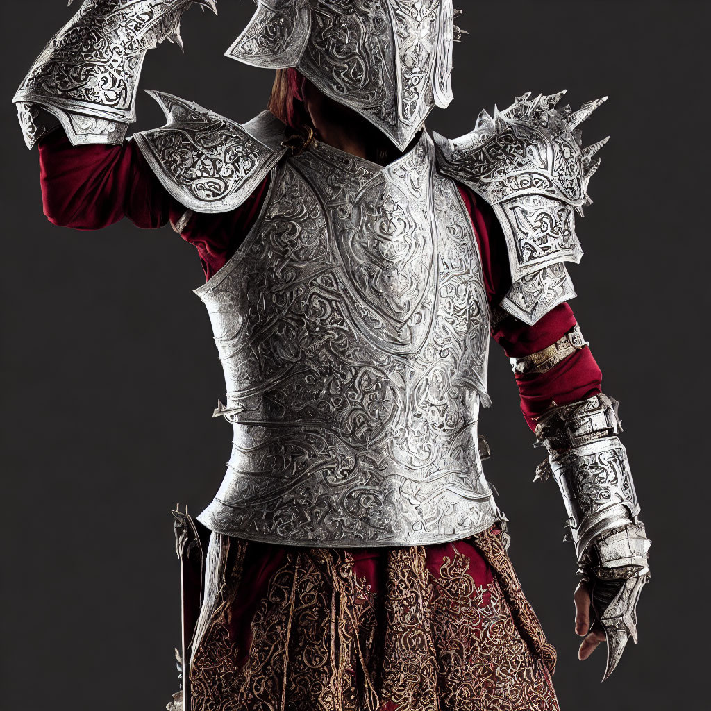 Medieval armor with engraved details and red tunic.