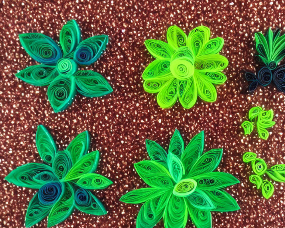 Colorful Quilled Paper Flowers in Green and Blue on Textured Background