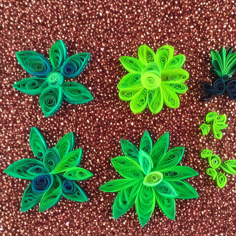 Colorful Quilled Paper Flowers in Green and Blue on Textured Background