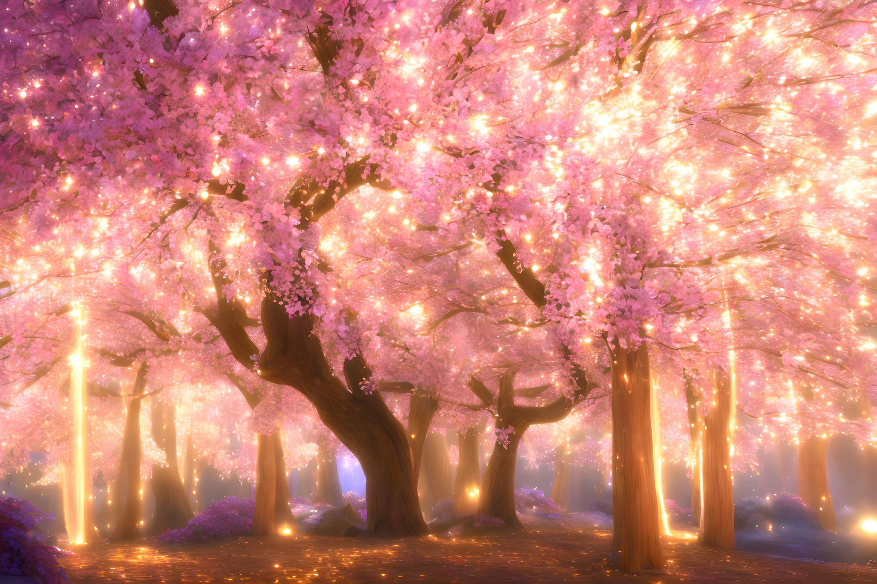 Enchanting Grove with Pink Cherry Blossoms and Glowing Lights