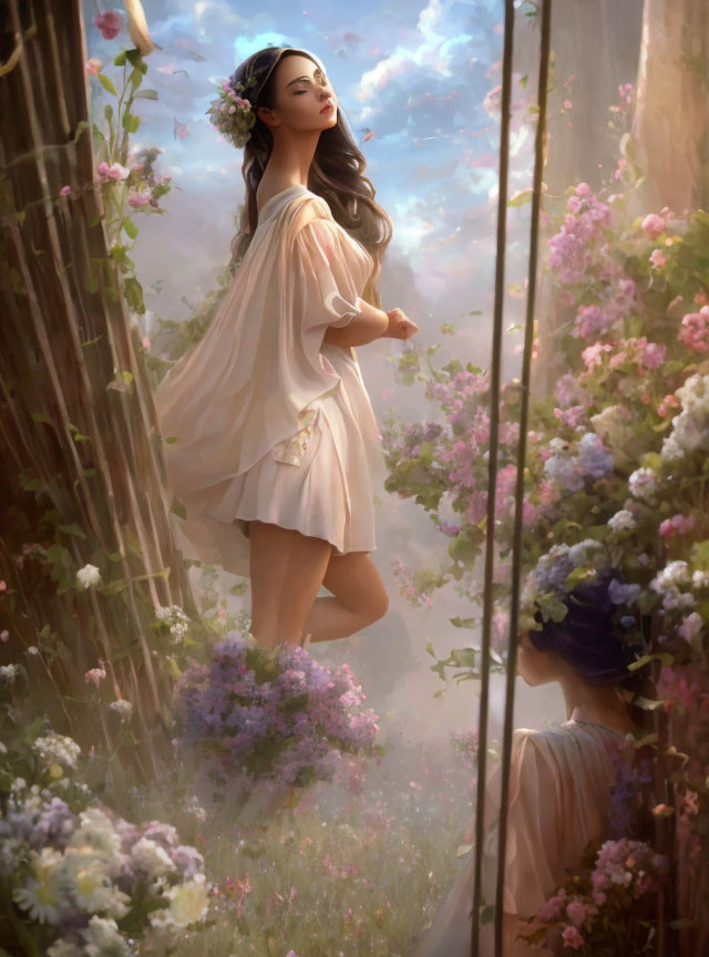 Woman in white dress twirls among lush flowers with mirror reflection.