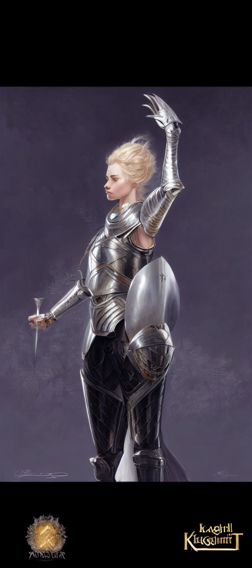 Female knight in silver armor wielding sword against grey backdrop