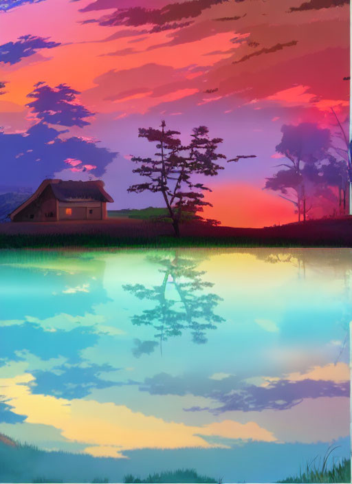 Colorful sunset lakeside scene with house and trees