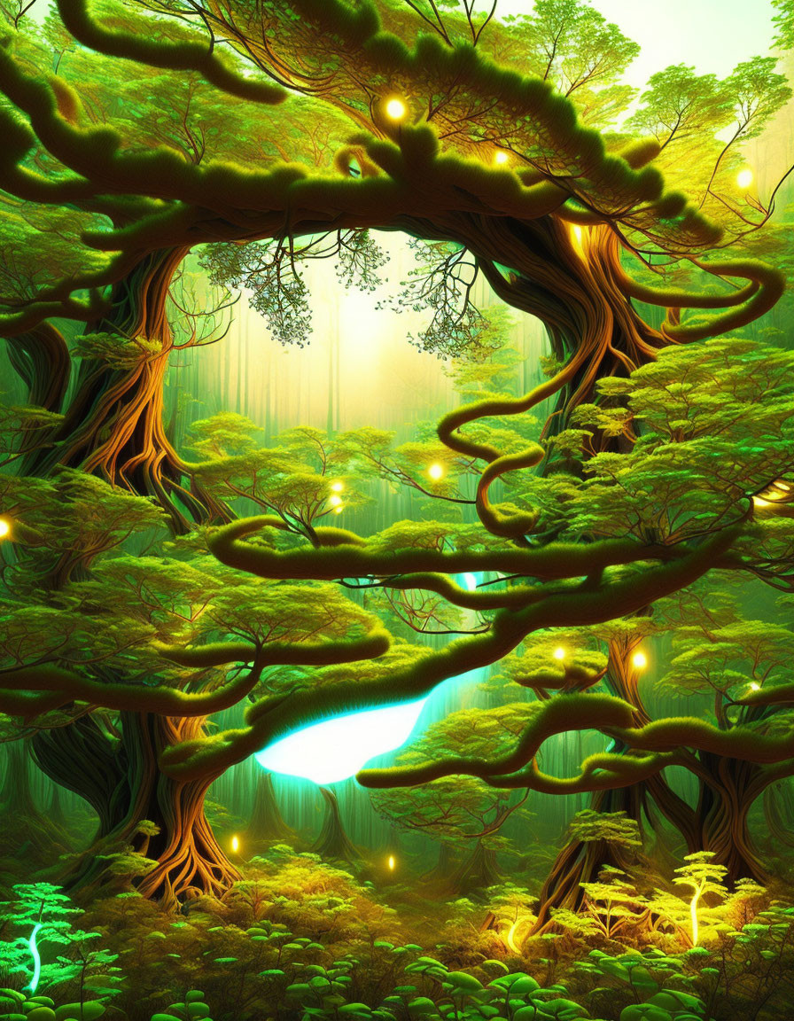 Mystical forest with twisted trees, glowing lights, serene river