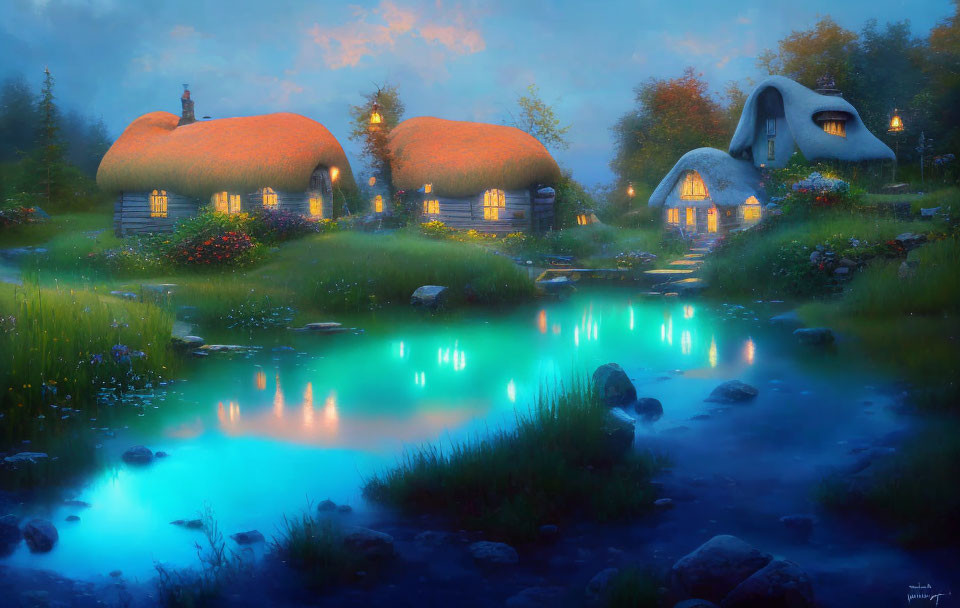 Tranquil twilight landscape with thatched-roof cottages and blue pond