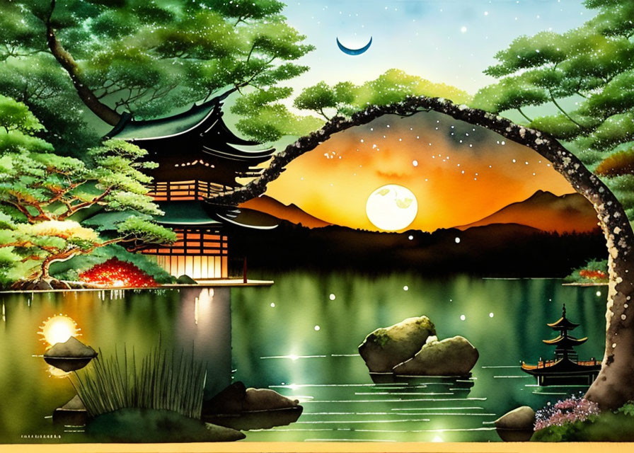 Japanese garden artwork with pagoda, stone path, full moon, sunset sky, and lush greenery