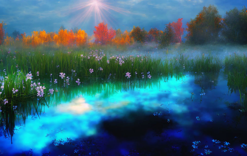 Misty lakeside sunrise with lush trees, blooming flowers, and radiant sunburst