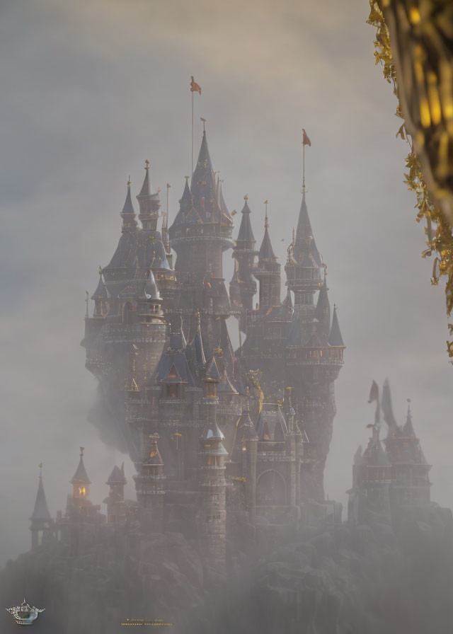 Misty fairytale castle with multiple spires in hazy sky