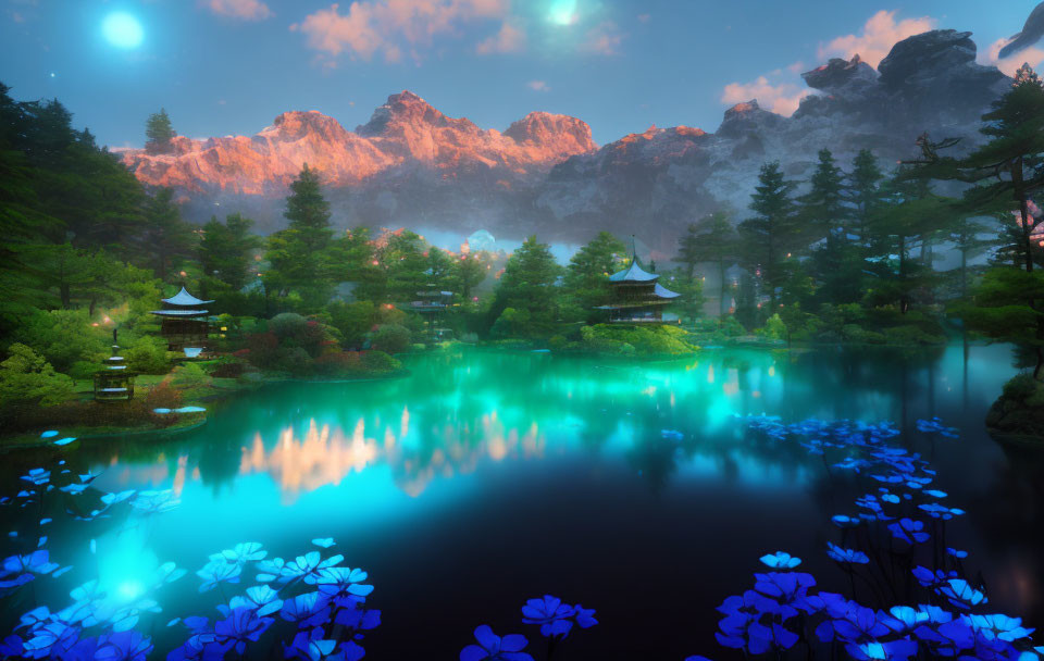 Serene lake reflecting blue flowers and trees amidst mountainous backdrop