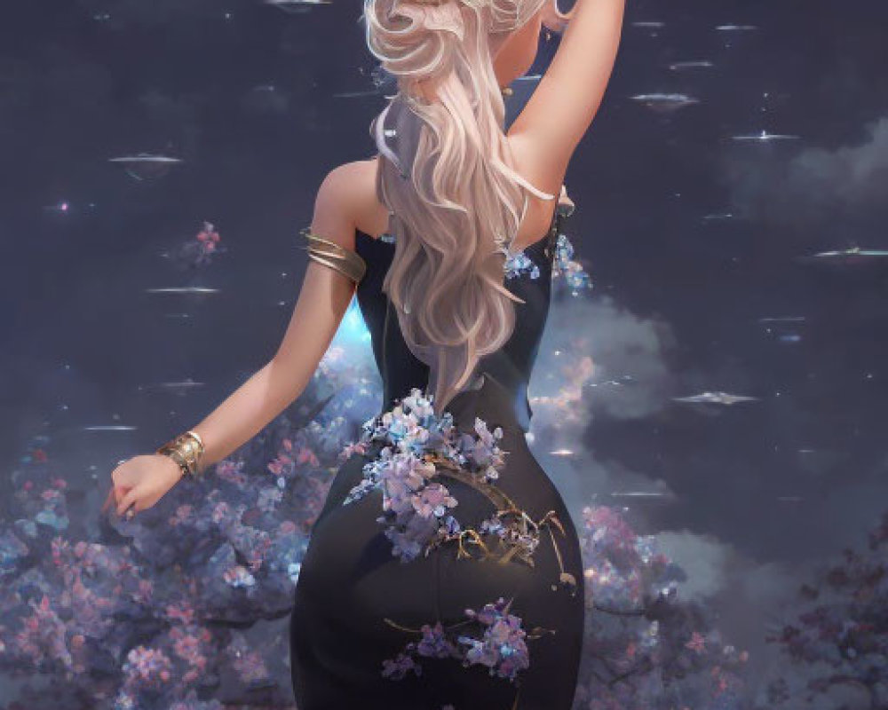 Blonde character in black floral outfit under mystical sky