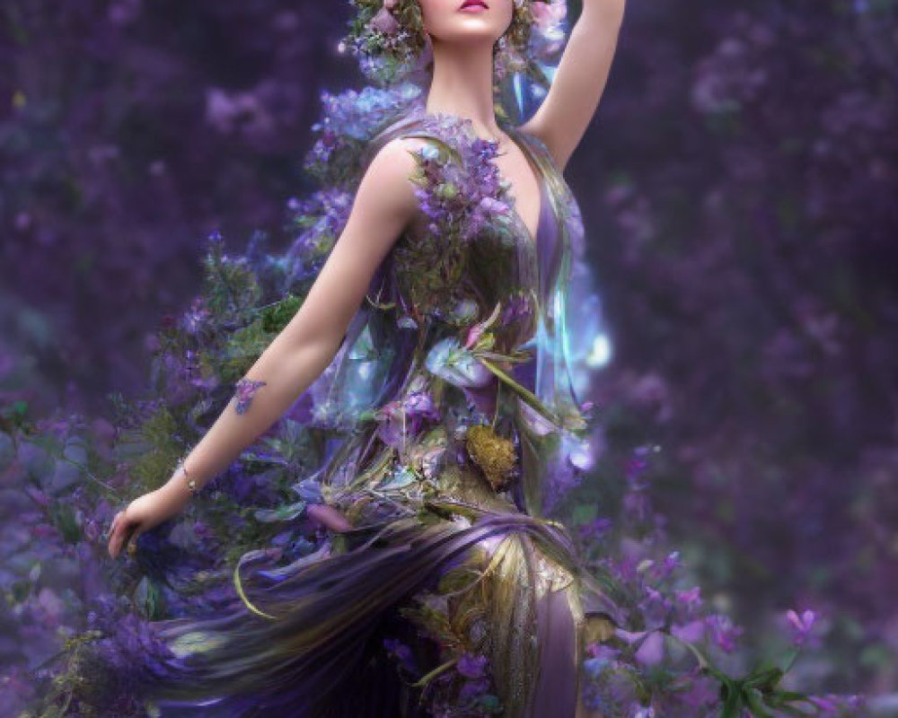 Elegant woman in floral outfit with crown surrounded by purple flowers