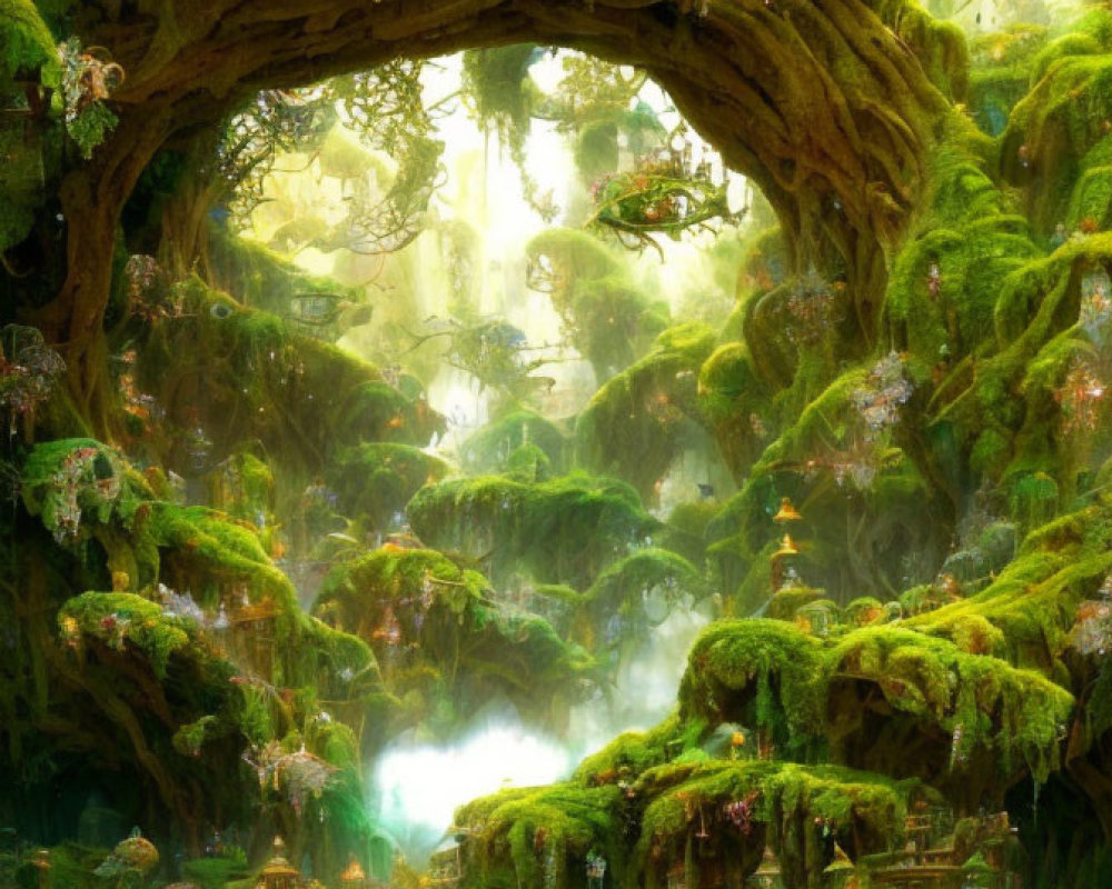 Lush green moss-covered natural arch in mystical forest