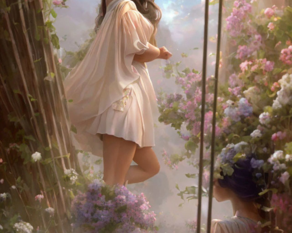 Woman in white dress twirls among lush flowers with mirror reflection.