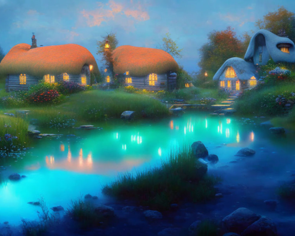 Tranquil twilight landscape with thatched-roof cottages and blue pond