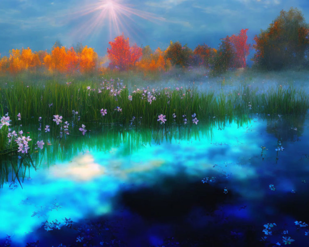 Misty lakeside sunrise with lush trees, blooming flowers, and radiant sunburst