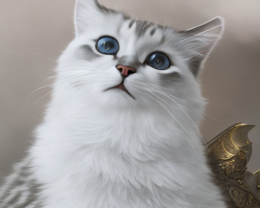 Fluffy white cat with blue eyes and grey fur, gazing upward near ornate item